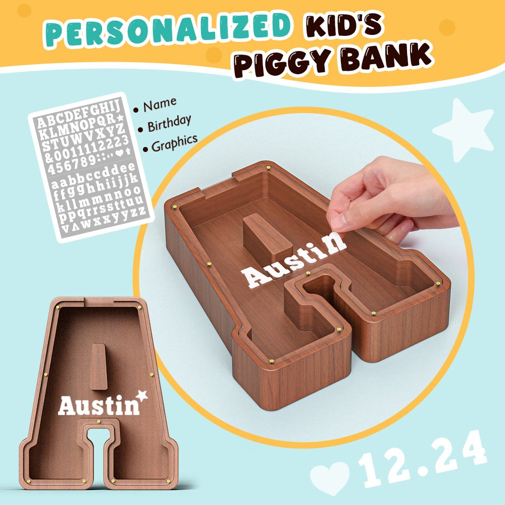 Custom Engraved Wooden Letter Piggy Bank - Personalized Kids Savings Jar with Name/Date/Graphics