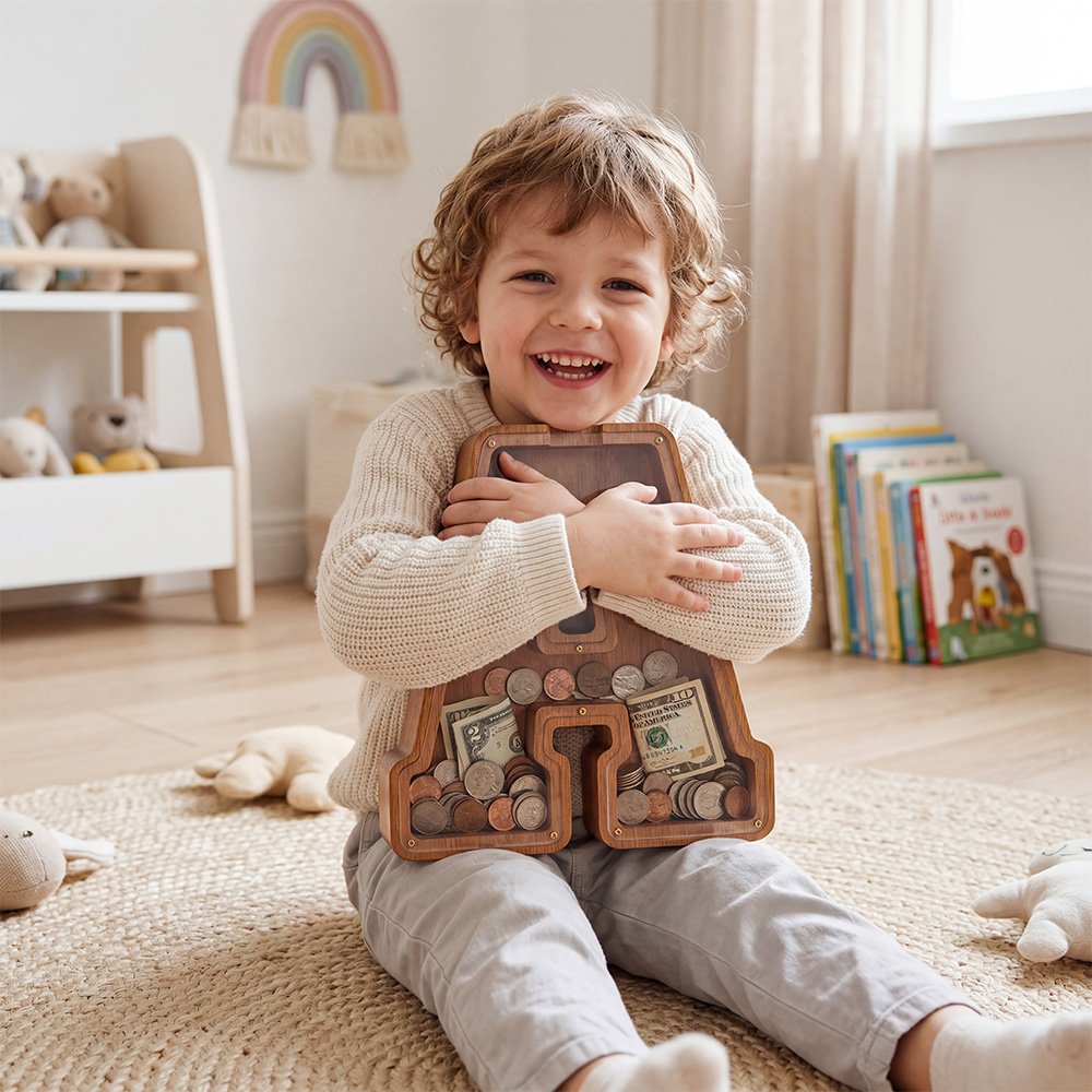 Cute toddler hugging large walnut wooden letter piggy bank, 12-inch savings box for kids room decor