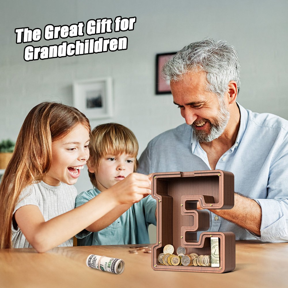 Grandparent giving personalized wooden letter piggy bank to grandchildren, family bonding with money education, meaningful gift for kids