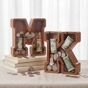 Two large walnut wooden letter piggy banks placed on books, initial combination savings jars for couple/family home decor