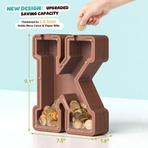 Upgraded Thickened Wooden Letter Piggy Bank - 9Inch Extra Large Capacity Savings Jar (1.6Inch Thick)