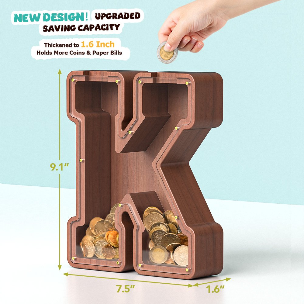 Upgraded Thickened Wooden Letter Piggy Bank - 9Inch Extra Large Capacity Savings Jar (1.6Inch Thick)