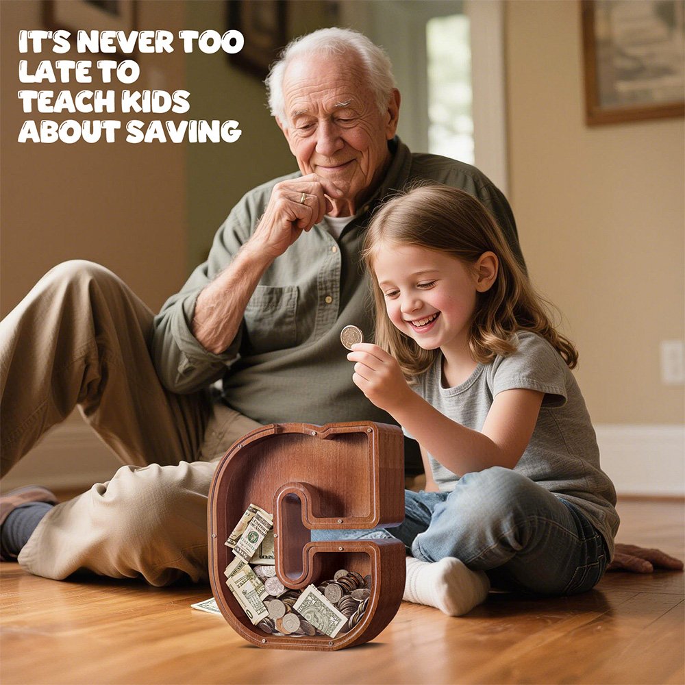 Grandparent teaching child to save with large wooden letter piggy bank, educational savings jar for family bonding