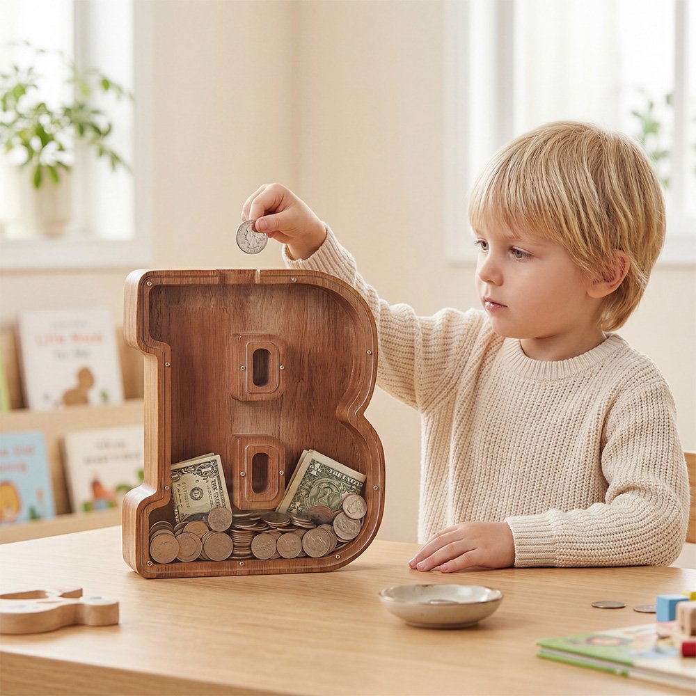 Little boy putting coin into large wooden letter piggy bank, educational money box for kids, clear view savings tool
