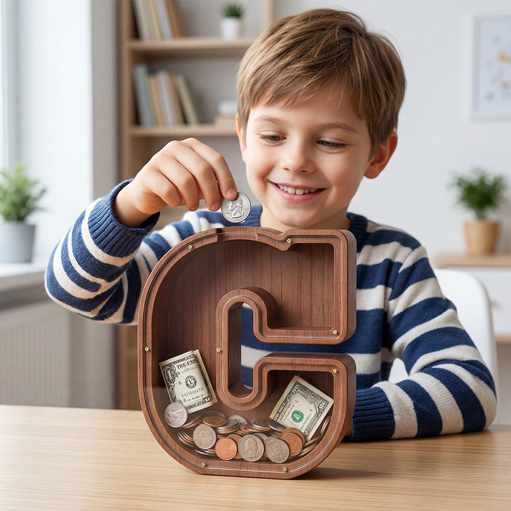 Wooden Letter Piggy Bank for Kids - Educational Coin Savings Jar with Clear View