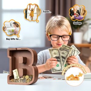 Child planning savings goals with wooden letter piggy bank, visualizing travel, gifts and future plans with money box, financial education for kids