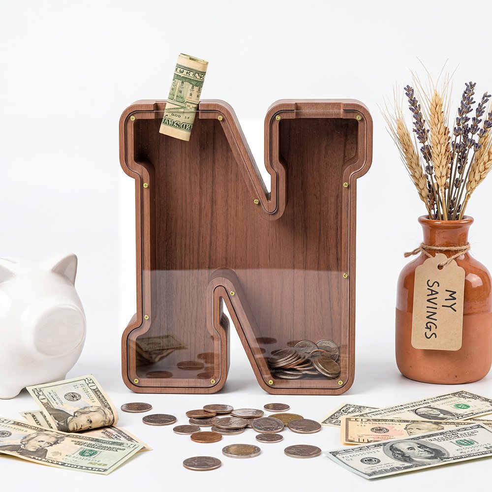 Wooden letter piggy bank with clear acrylic cover, showing bills and coins inside, transparent savings box for kids and home decor