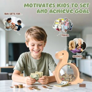 A smiling boy counting US dollar bills with his Brachiosaurus savings jar, illustrating how it motivates kids to set and achieve financial goals.