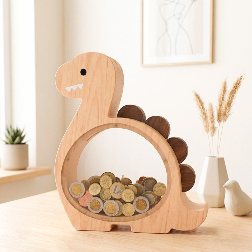 Brachiosaurus wooden coin bank filled with coins, displayed beautifully on a modern wooden desk as engaging kids' room decor.