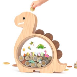 Natural wood Brachiosaurus piggy bank with a clear acrylic front. A toddler's hand is dropping a coin into this fun dinosaur savings jar.