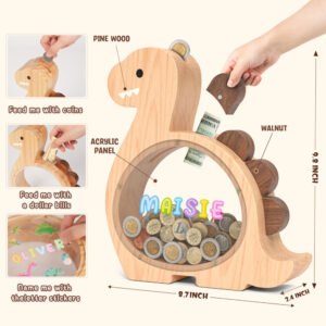 Dimensions and premium material breakdown of the Brachiosaurus wooden coin bank, crafted from high-quality pine and walnut wood.