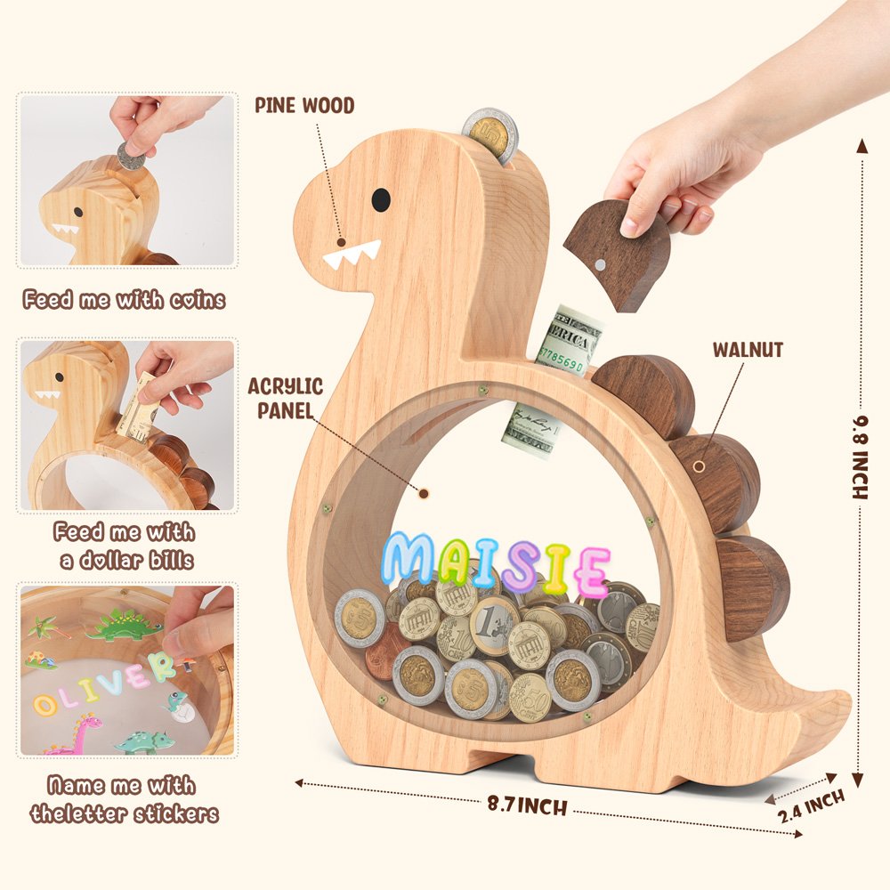 Dimensions and premium material breakdown of the Brachiosaurus wooden coin bank, crafted from high-quality pine and walnut wood.