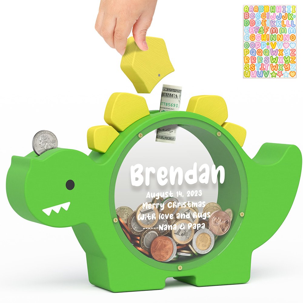 Vibrant green wooden dinosaur coin bank. A fun and educational savings jar for kids, featuring a transparent panel to watch savings grow.