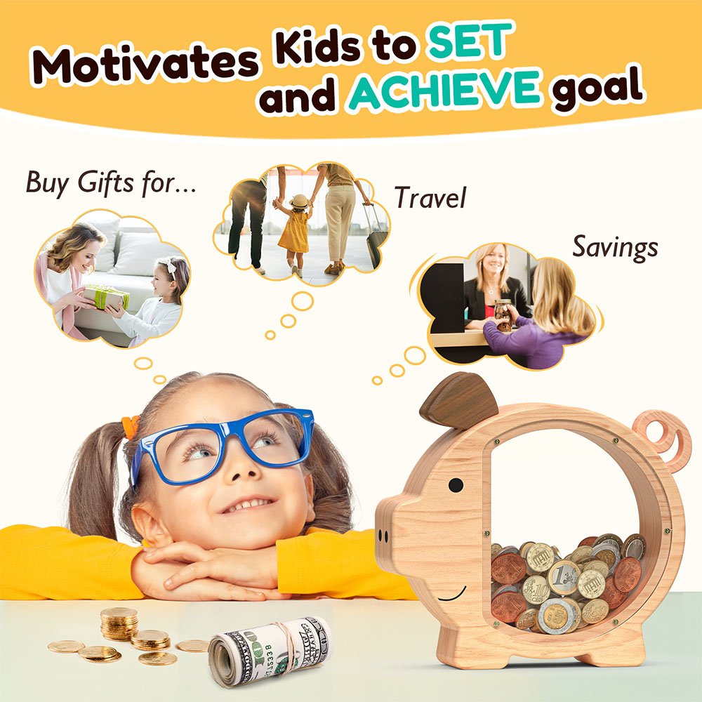 A young girl with glasses dreaming about her savings goals. This wooden coin bank motivates kids to save money for family travel, gifts, and future financial planning.