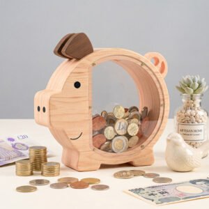 A natural wood pig-shaped money box displayed alongside a letter B alphabet bank. Surrounded by US dollar bills and coins, serving as rustic kids' room decor-1