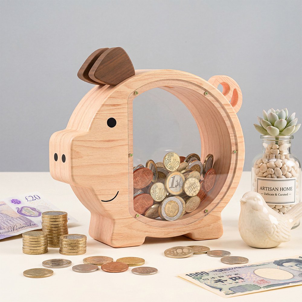 A natural wood pig-shaped money box displayed alongside a letter B alphabet bank. Surrounded by US dollar bills and coins, serving as rustic kids' room decor-1