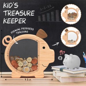 Dimensions of the natural wood piggy bank against an educational chalkboard background. Features a clear acrylic front helping kids visually track their savings progress.