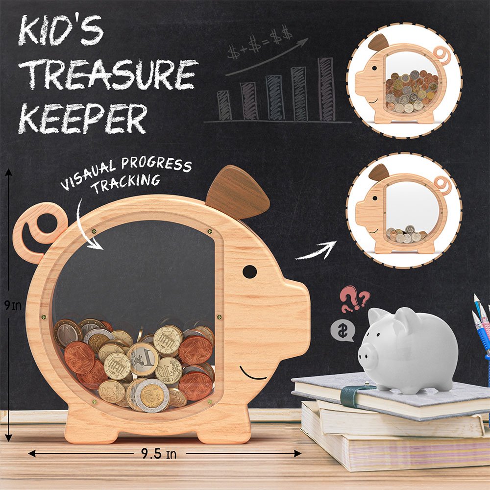 Dimensions of the natural wood piggy bank against an educational chalkboard background. Features a clear acrylic front helping kids visually track their savings progress.