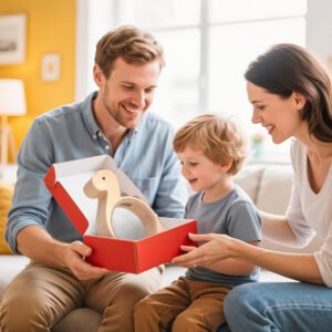 Parents gifting a Brachiosaurus wooden piggy bank to their son in a beautiful branded box. A perfect personalized birthday present for little boys.