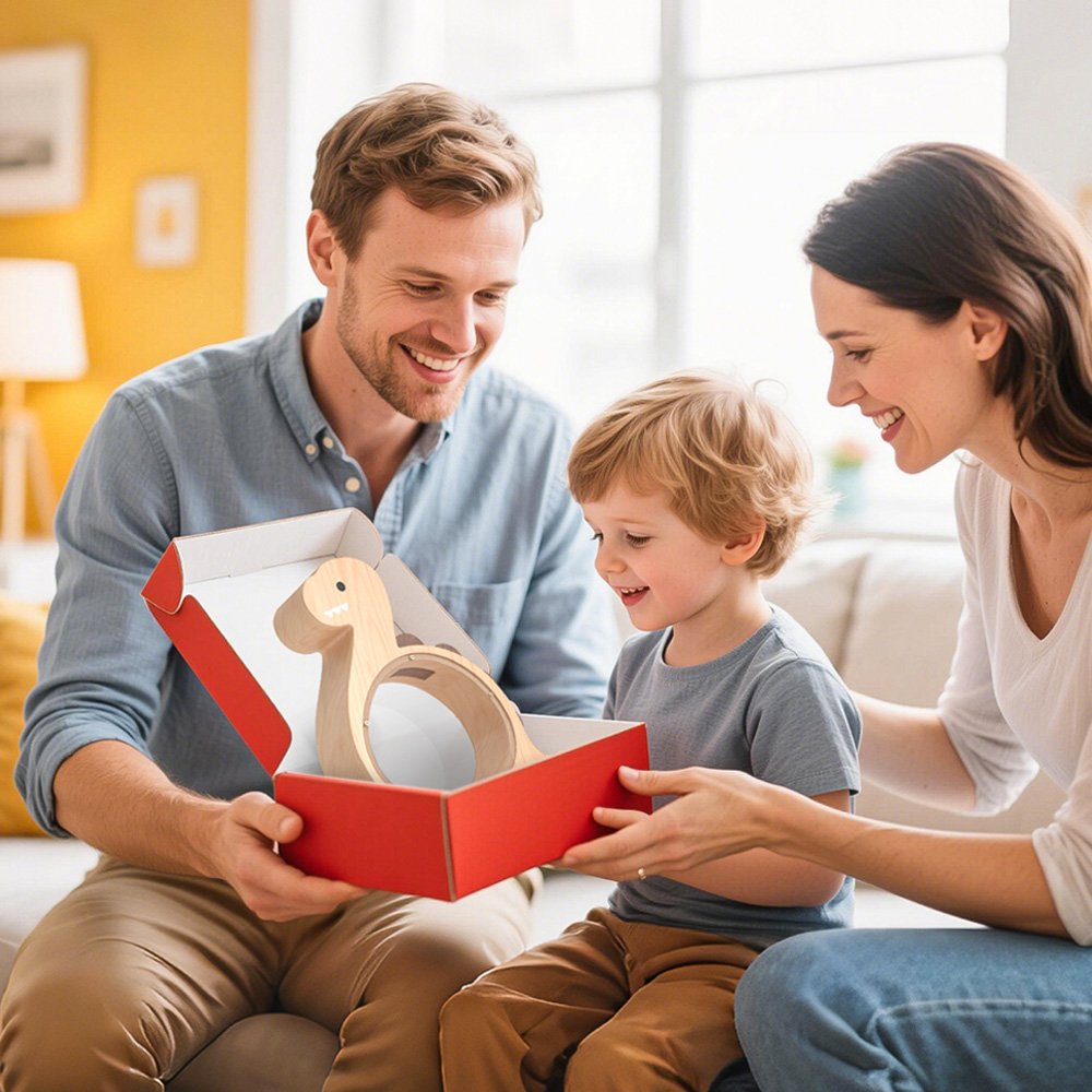 Parents gifting a Brachiosaurus wooden piggy bank to their son in a beautiful branded box. A perfect personalized birthday present for little boys.