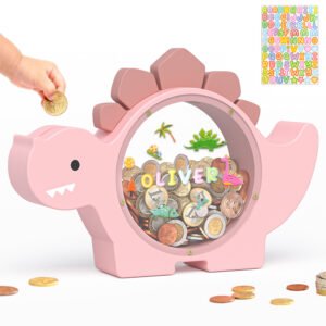 Pink dinosaur shaped wooden piggy bank. A cute, durable, and shatterproof money box designed perfectly for a little girl's room decor.