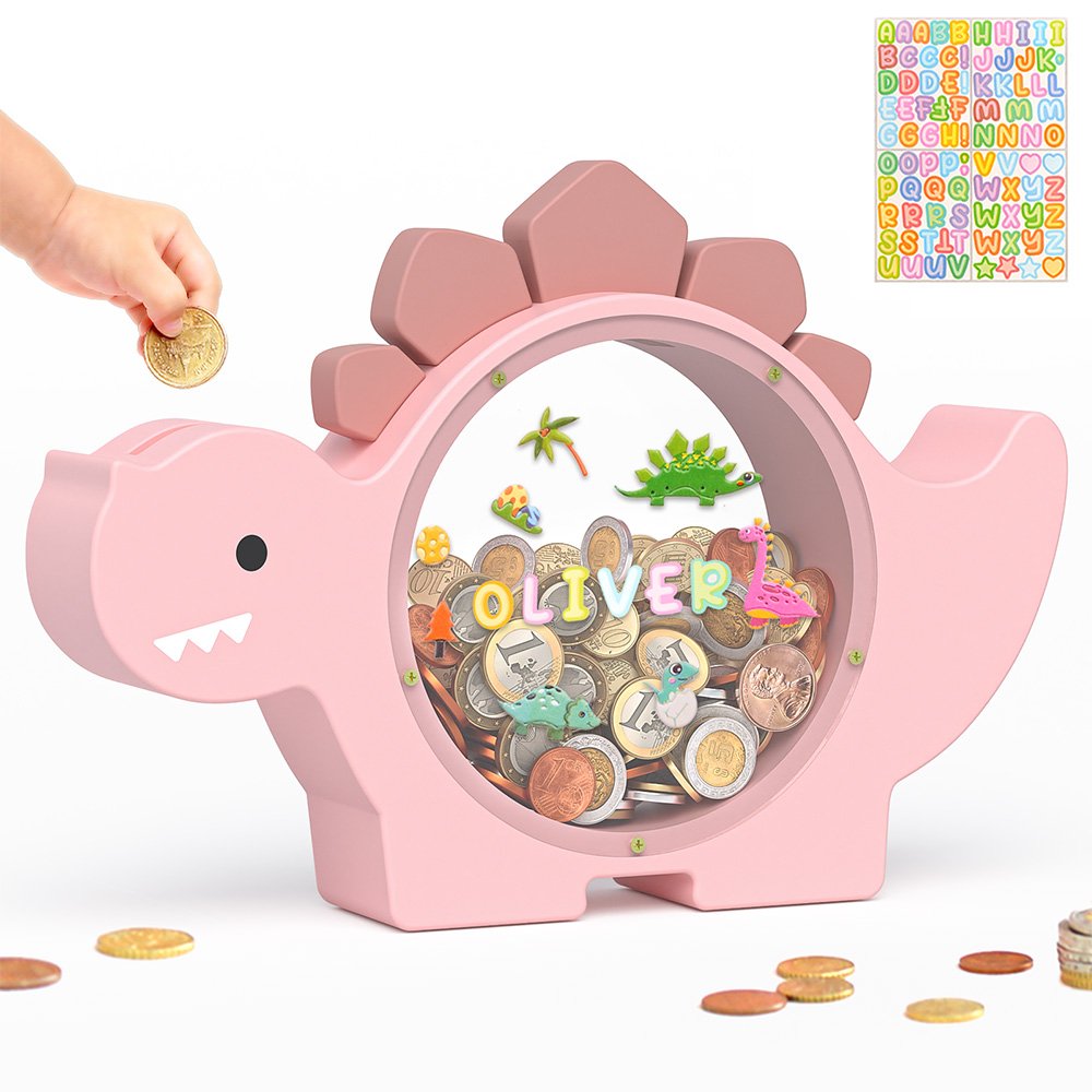 Pink dinosaur shaped wooden piggy bank. A cute, durable, and shatterproof money box designed perfectly for a little girl's room decor.