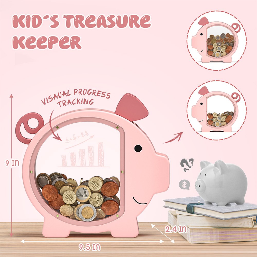 Dimensions of the pink wooden piggy bank showing a 9.5-inch width. Features a clear acrylic front for visual progress tracking of a child's savings.