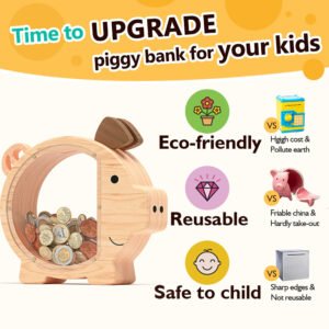 Infographic showing why it's time to upgrade to a natural wooden piggy bank. A shatterproof, reusable, and eco-friendly alternative to fragile traditional ceramic coin banks.