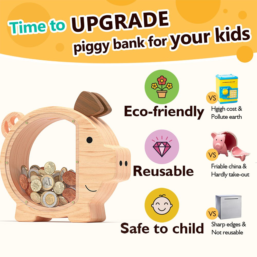 Infographic showing why it's time to upgrade to a natural wooden piggy bank. A shatterproof, reusable, and eco-friendly alternative to fragile traditional ceramic coin banks.