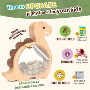 Infographic highlighting the eco-friendly and shatterproof features of the wooden Brachiosaurus piggy bank, making it a safe upgrade for toddlers.