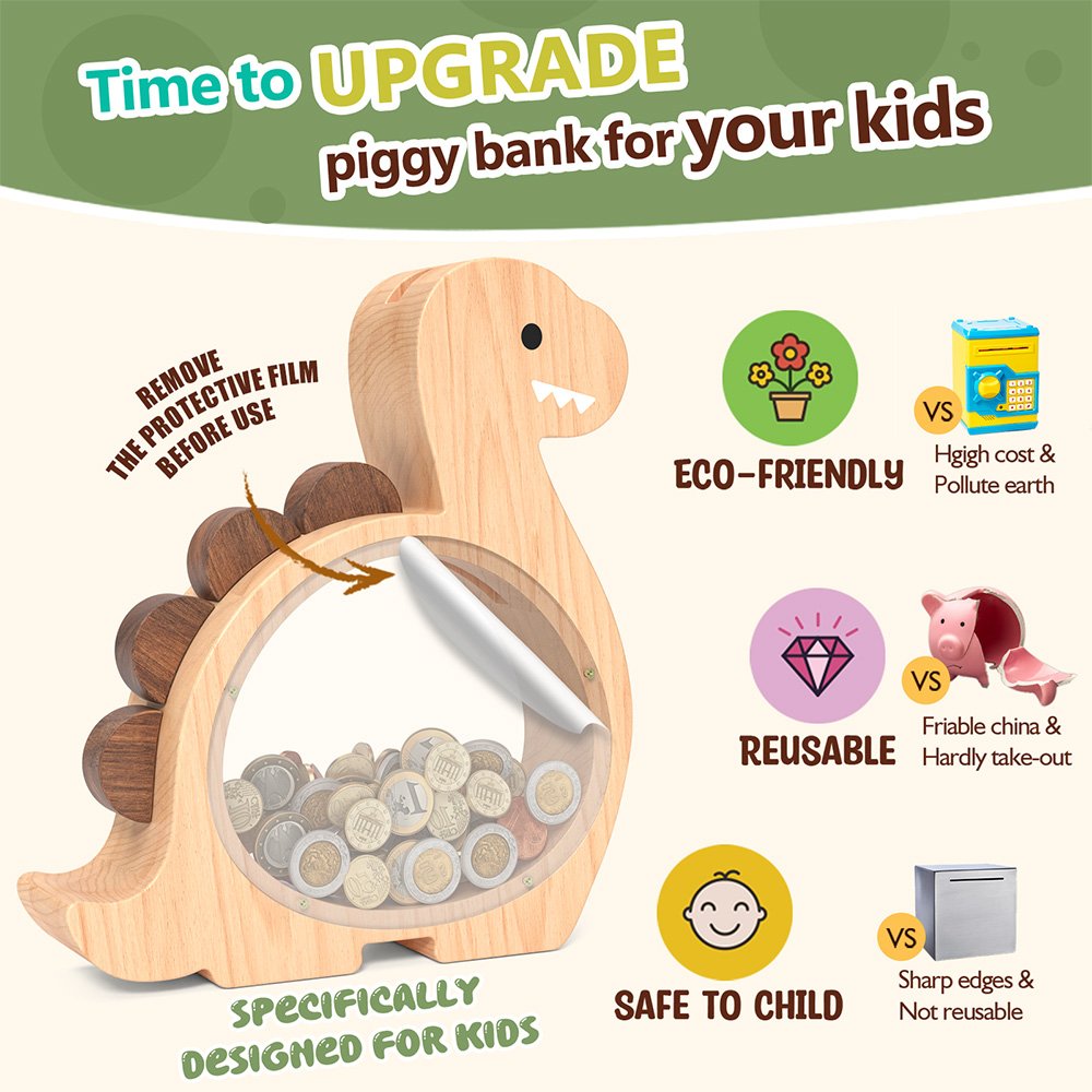 Infographic highlighting the eco-friendly and shatterproof features of the wooden Brachiosaurus piggy bank, making it a safe upgrade for toddlers.