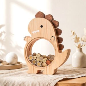 Natural wood T-Rex dinosaur piggy bank with a clear acrylic front. A toddler's hand is dropping a coin inside, decorated with colorful letter stickers spelling Oliver. A fun savings jar for boys-1.