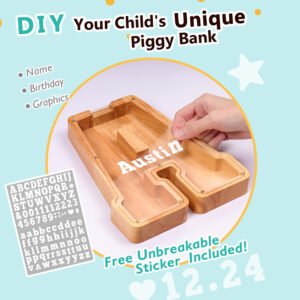 DIY customized wooden letter piggy bank by Summidate. Includes free stickers for kids to personalize with their name and birthday. Highly rated in California.