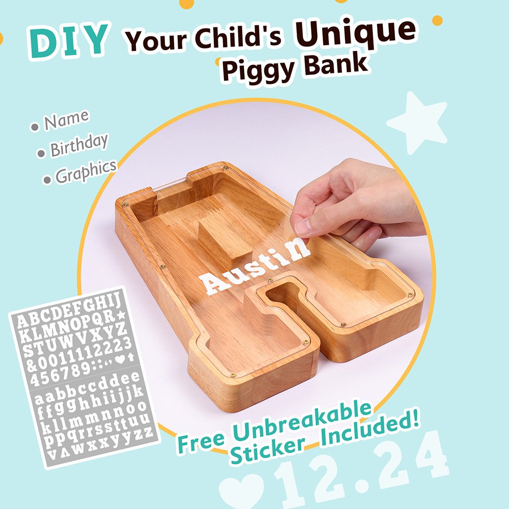 DIY customized wooden letter piggy bank by Summidate. Includes free stickers for kids to personalize with their name and birthday. Highly rated in California.