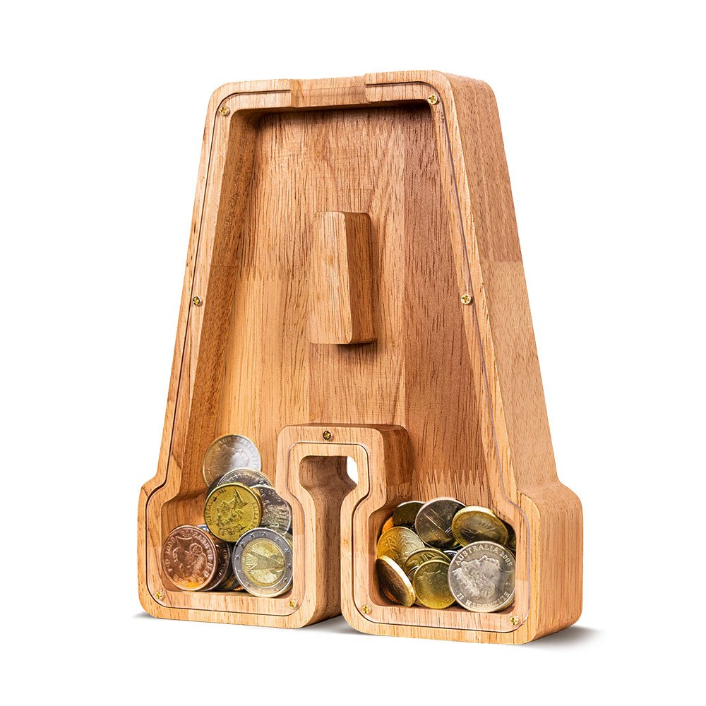 Eco-friendly Summidate wooden letter A piggy bank, a popular personalized gift for kids in the USA.
