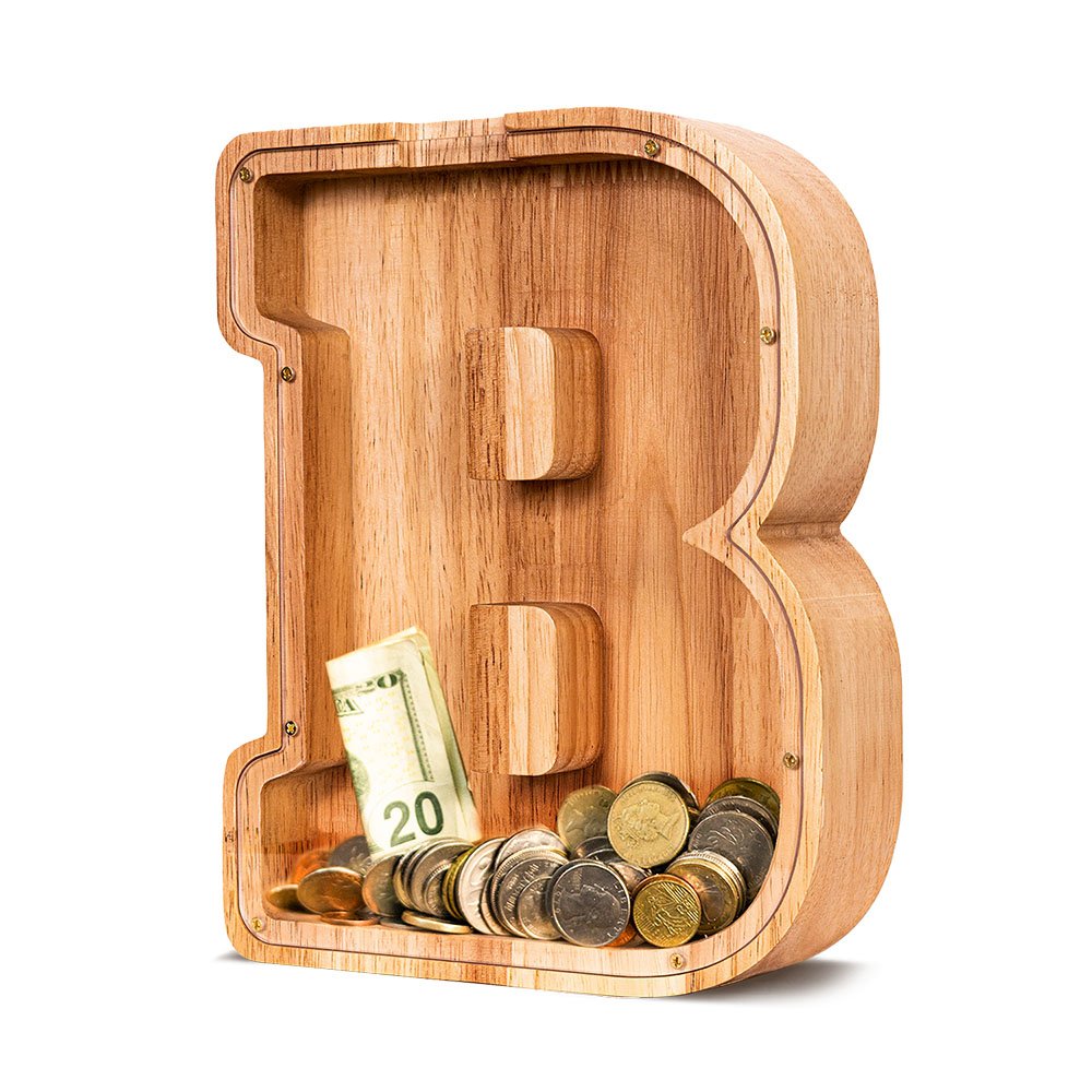 Summidate custom wooden letter B piggy bank, an eco-friendly baby shower gift trending in California.
