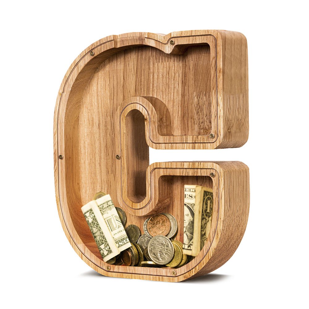 Personalized wooden letter C piggy bank by Summidate, a top-rated nursery decor item in Canada.