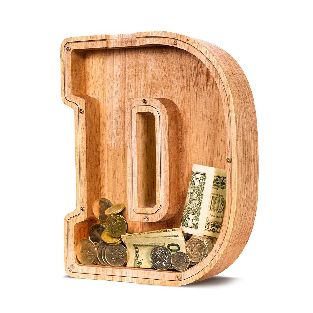 Premium wooden letter D coin bank, a stylish addition to kids' rooms and popular among New York parents.