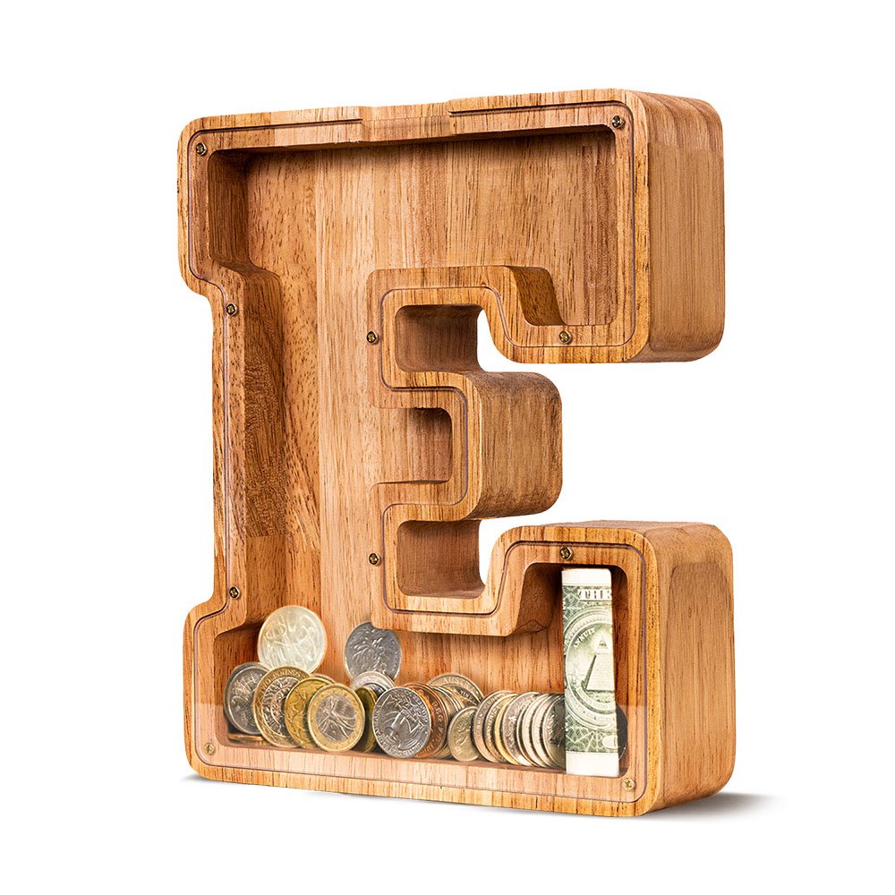 Summidate wooden letter E piggy bank, a durable pine wood money box loved by families in Texas.