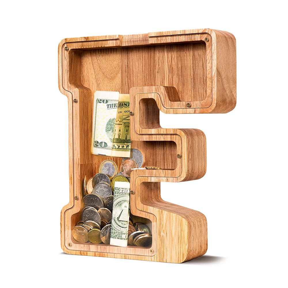 Wooden letter F money box, crafted from natural pine wood, popular for kids' birthdays in Toronto.