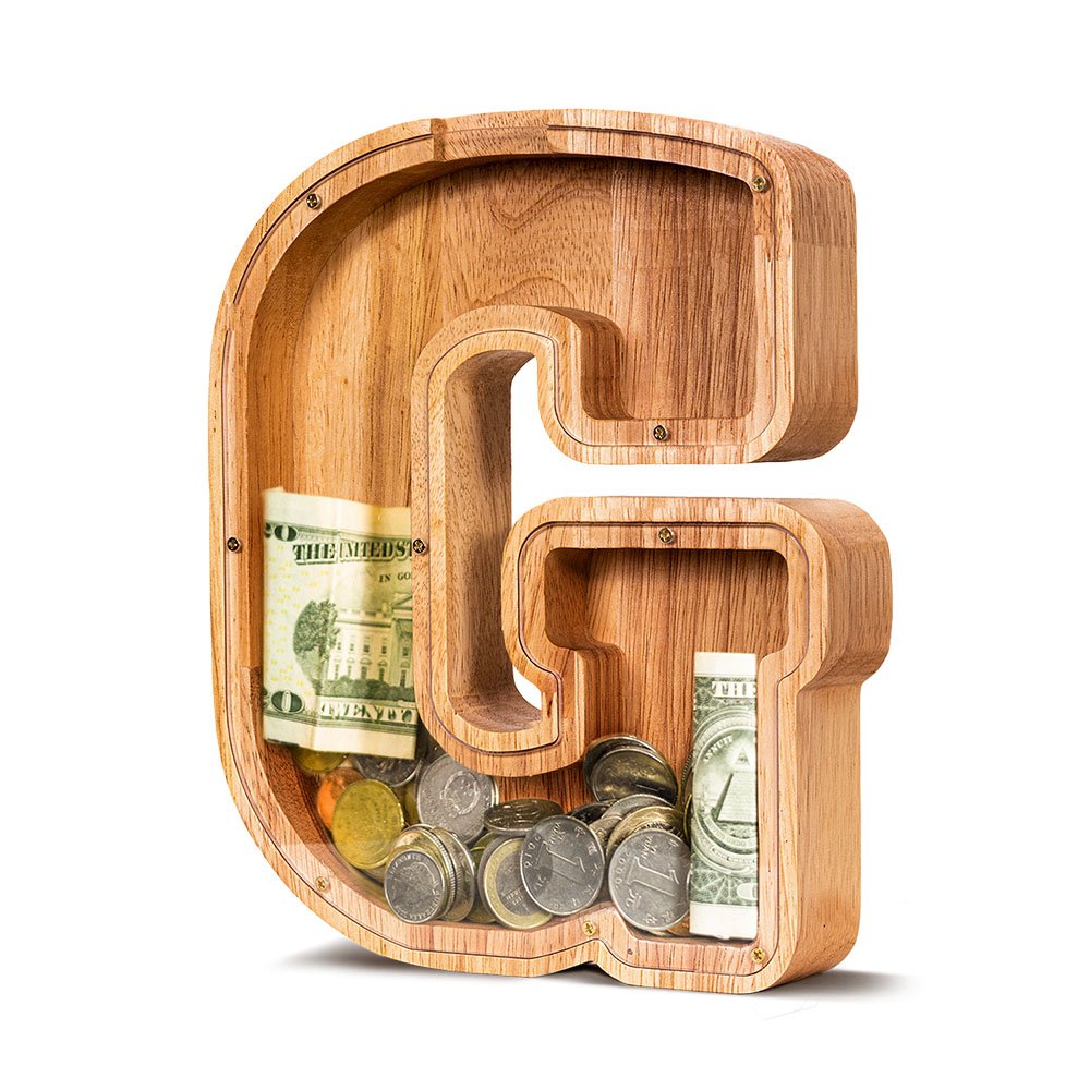 Personalized wooden letter G savings bank, a fun educational toy highly requested in Florida.