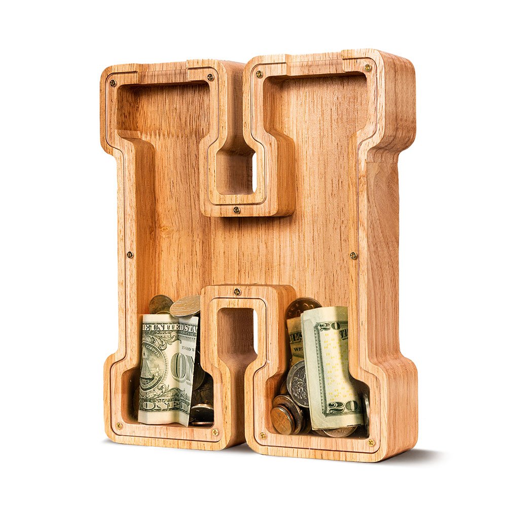Wooden letter H piggy bank, a sustainable and educational gift choice for toddlers in Vancouver.