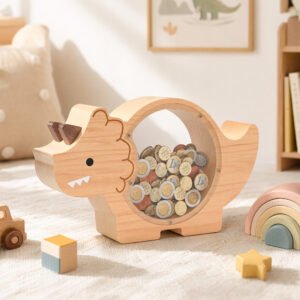 Triceratops wooden piggy bank being filled with coins. A fun, dinosaur-shaped clear savings jar customized to make saving money exciting for kids-1.