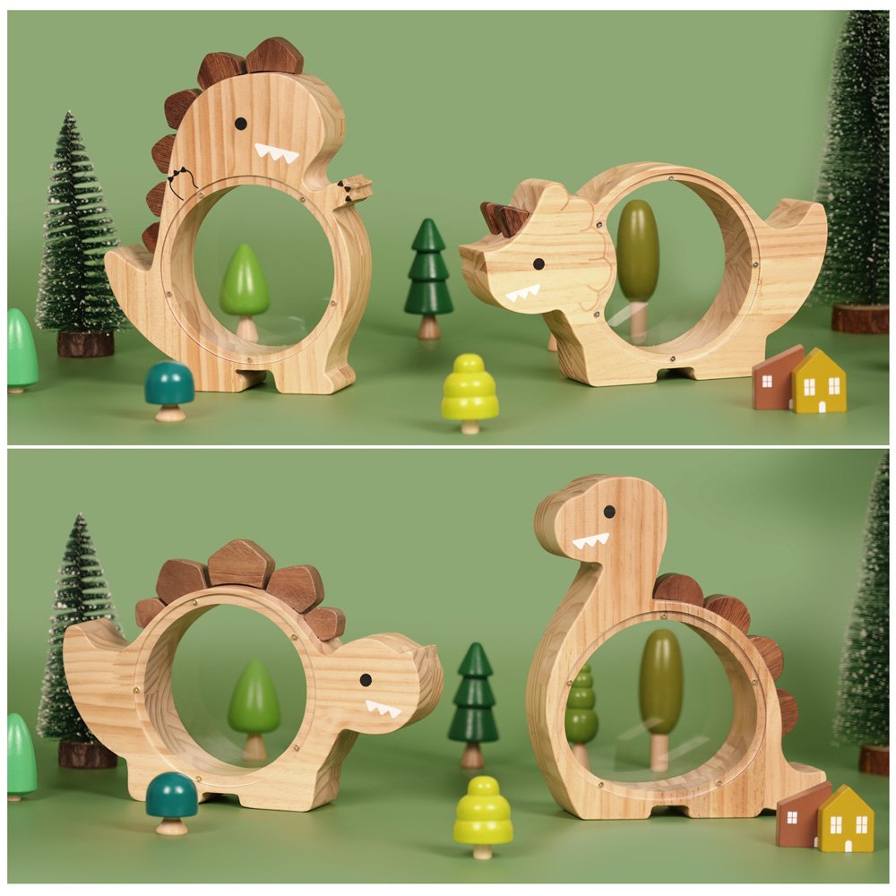 A collection of natural wood dinosaur piggy banks displayed like a forest scene, serving as functional and rustic dinosaur-themed nursery decor.