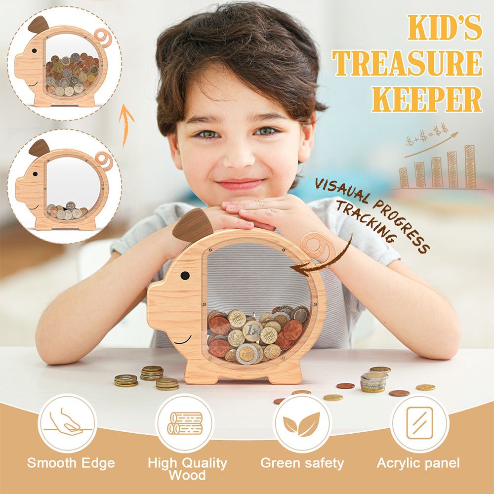 A smiling boy with his natural wood piggy bank. Infographic highlighting premium features like smooth child-safe edges, eco-friendly solid wood, and a durable acrylic panel.
