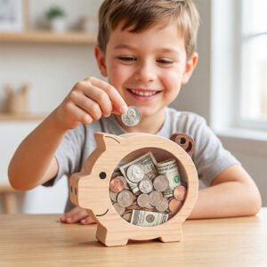 Summidate Wooden Piggy Bank for Kids