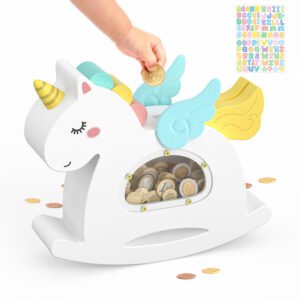 White wooden unicorn piggy bank being filled with coins. A beautifully crafted, transparent money saving jar that makes financial education fun for kids.