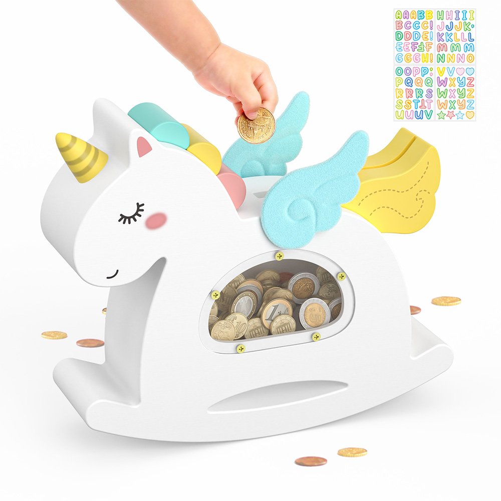 White wooden unicorn piggy bank being filled with coins. A beautifully crafted, transparent money saving jar that makes financial education fun for kids.