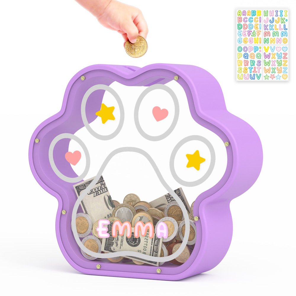 Purple wooden paw money box featuring a customized name 'Emma' and colorful DIY stickers.