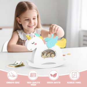 A smiling young girl playing with her white unicorn piggy bank. Infographic highlighting child-safe features: smooth edges, premium wood, eco-friendly materials, and a durable acrylic panel.